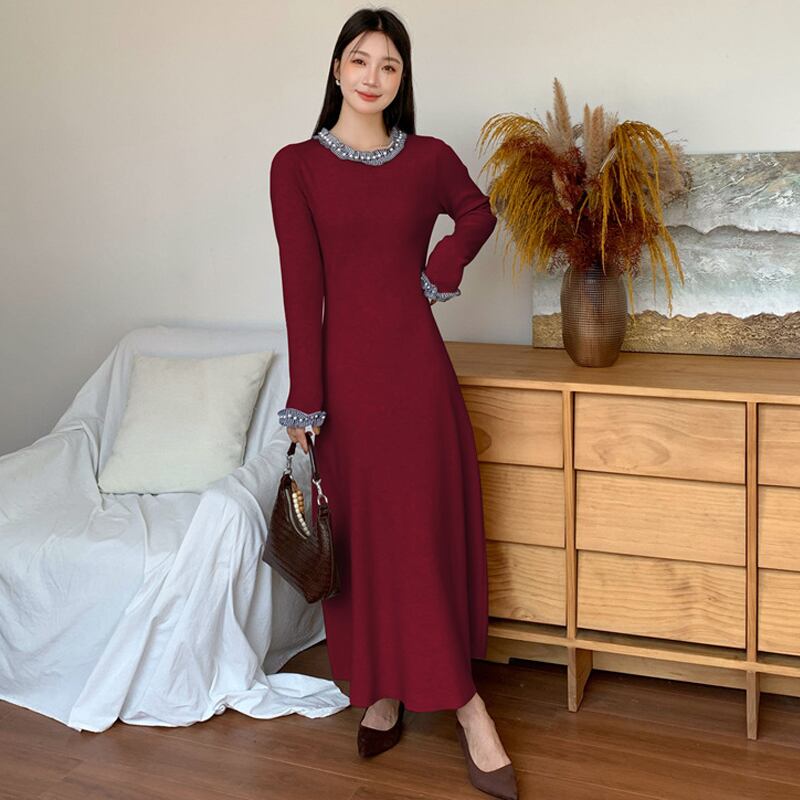 【dress】パール付きニットワンピース Q7053