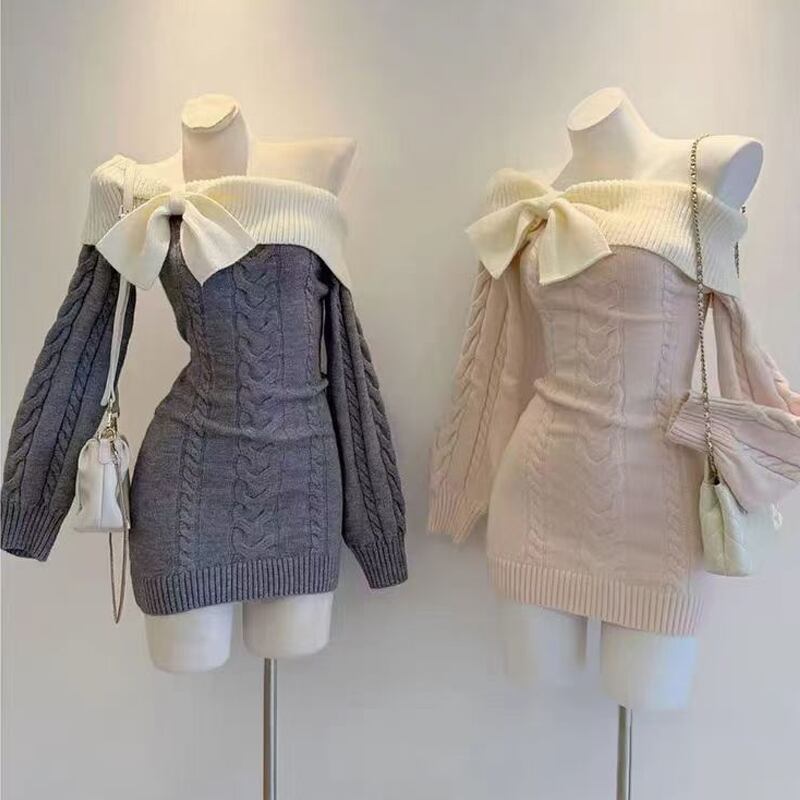 【dress】リボン付きオフショルダーニットワンピース Q7769