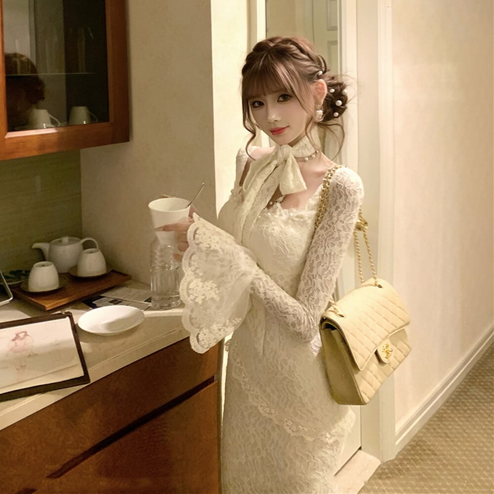 【dress】ベルスリーブマーメイドレースワンピース　N3499