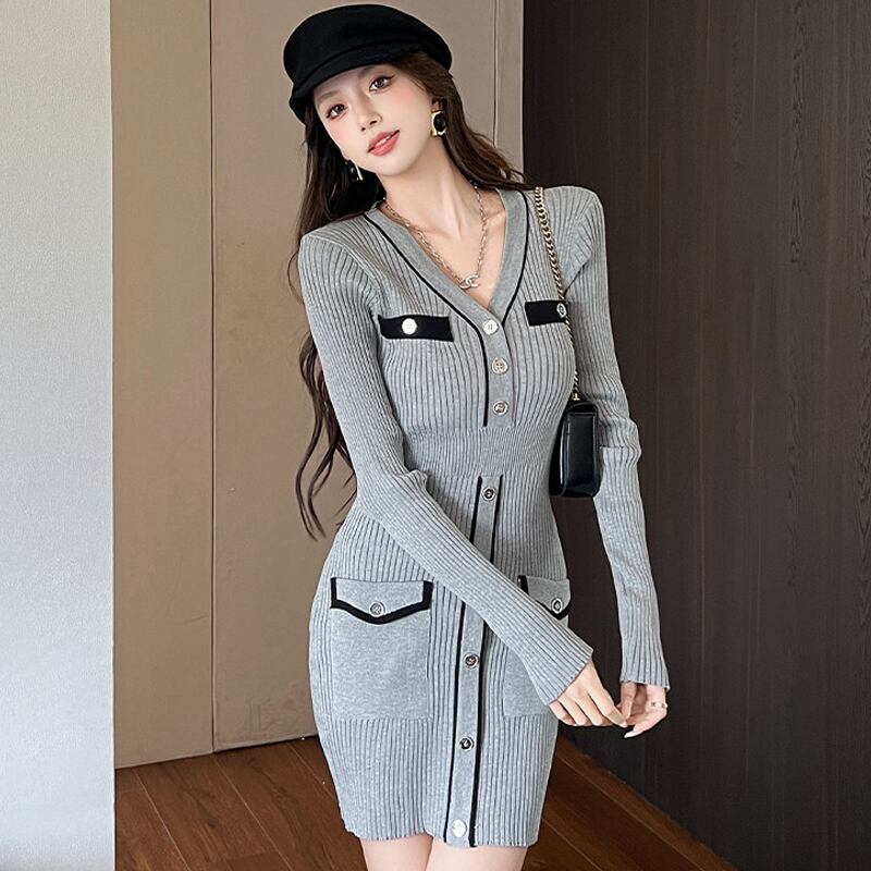 【dress】Vネックタイトニットワンピース Q6776