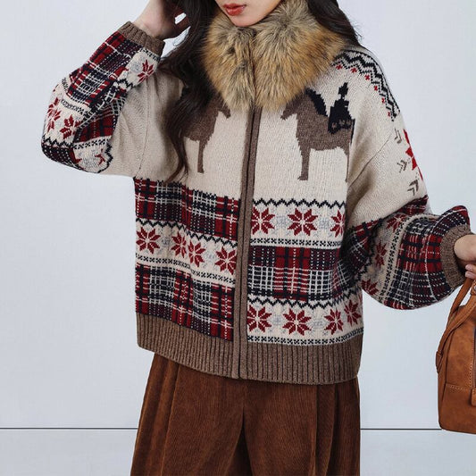 【outer】ファー付きニットカーディガン Q7611