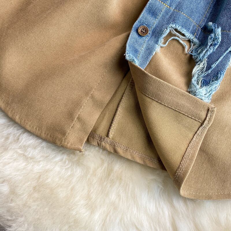 【tops】話題沸騰中春新作4色POLOネック長袖人気デニム切り替え配色着回しブラウスF4620