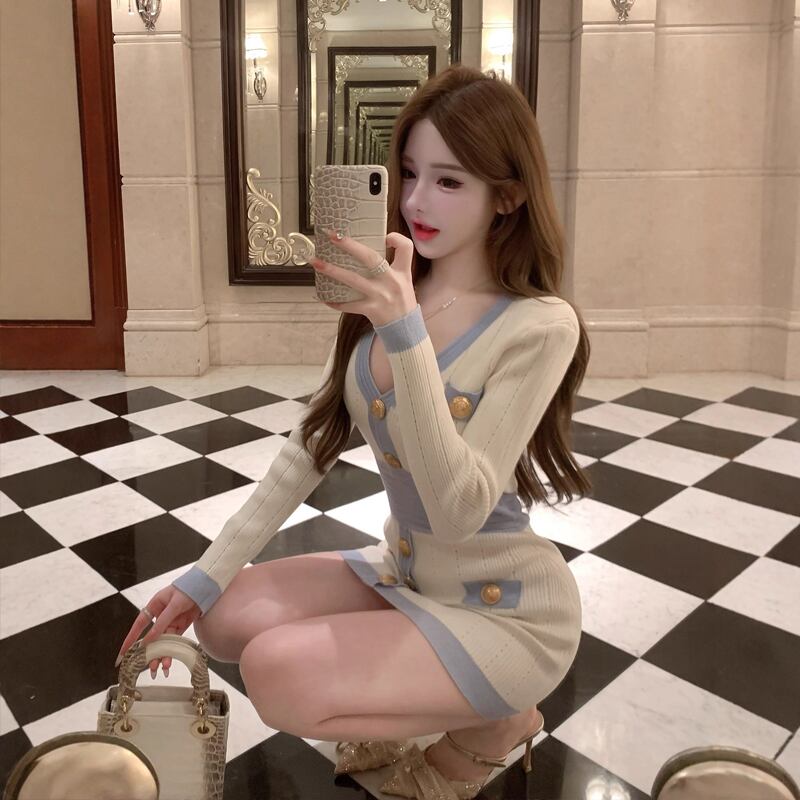 【dress】Vネックニットワンピース Q7578