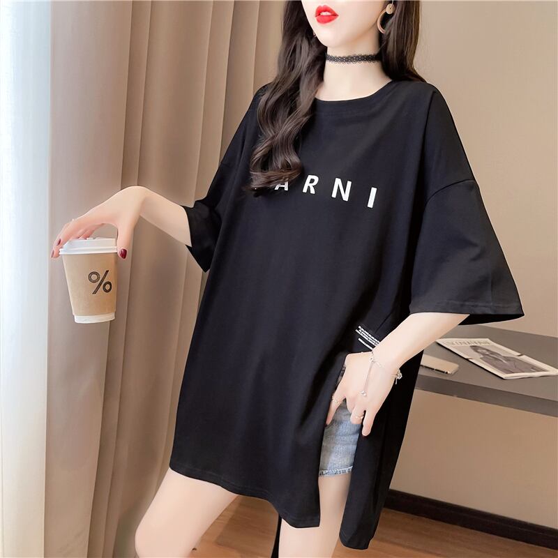 【tops】ラウンドネック半袖大きいサイズゆったりスリットTシャツF0074