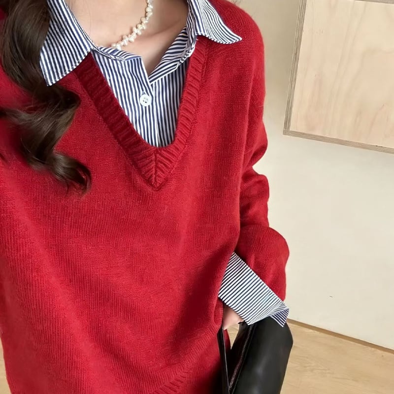 【set】フェイクレイヤードニットトップス×ストレートスカートセット Q7830