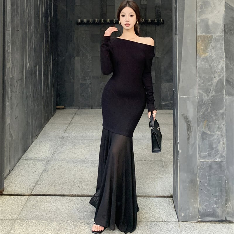 【dress】チュールコンビボートネックマーメイドワンピース　M29764