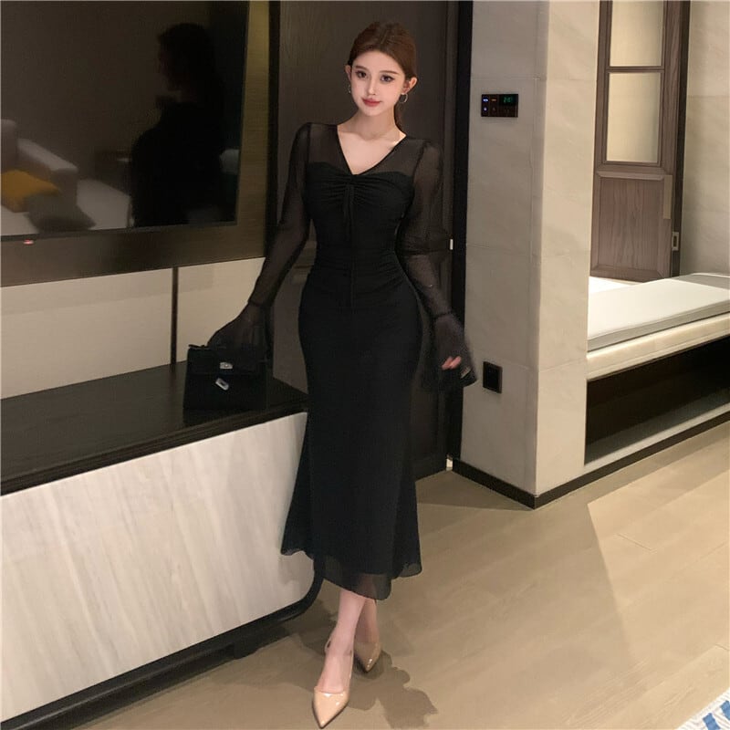 【dress】Vネックチュールワンピース Q7873