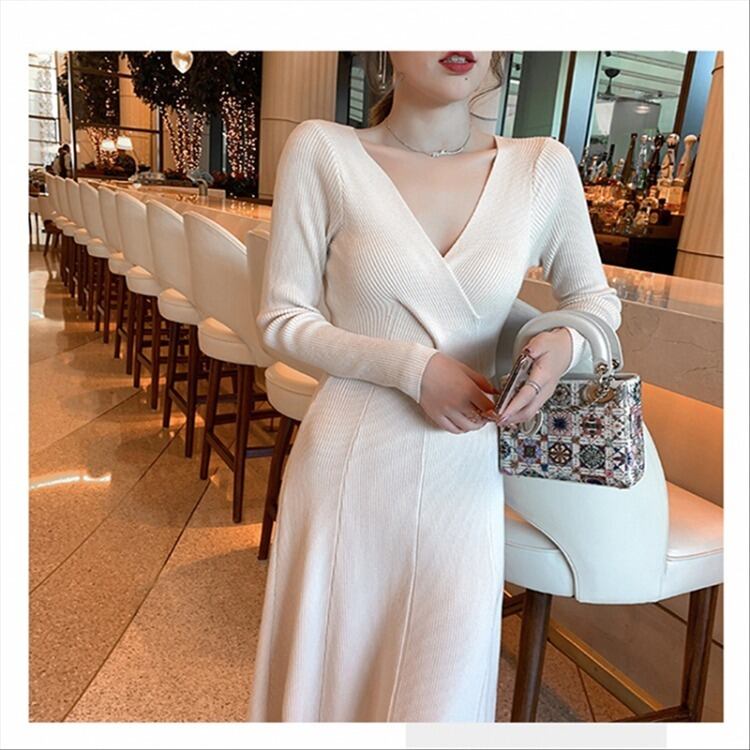 【dress】好感度UP!気質満点エレガントVネック知的着痩せニットワンピース G2291