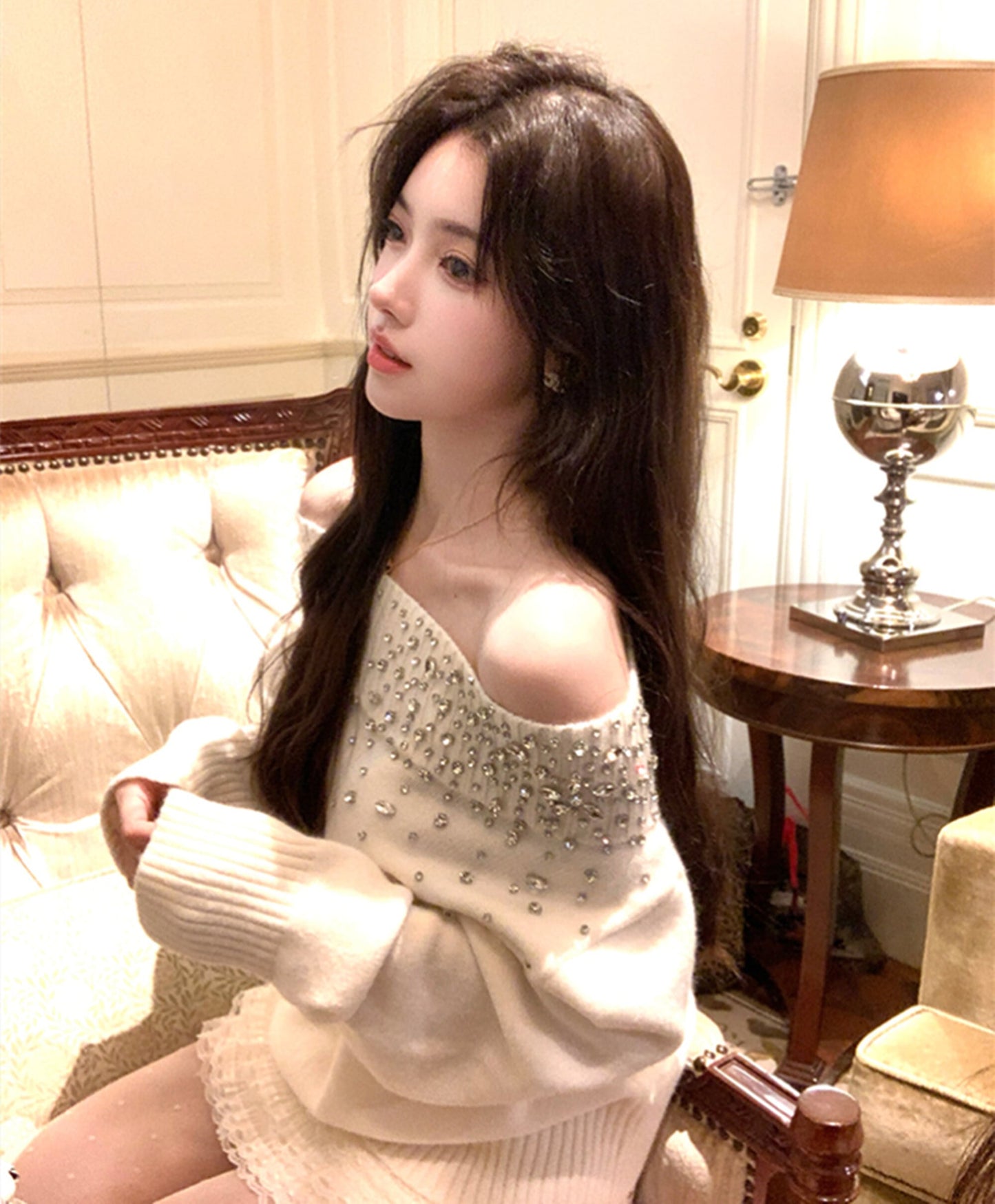 【tops】オフショルビジューニットトップス N3425