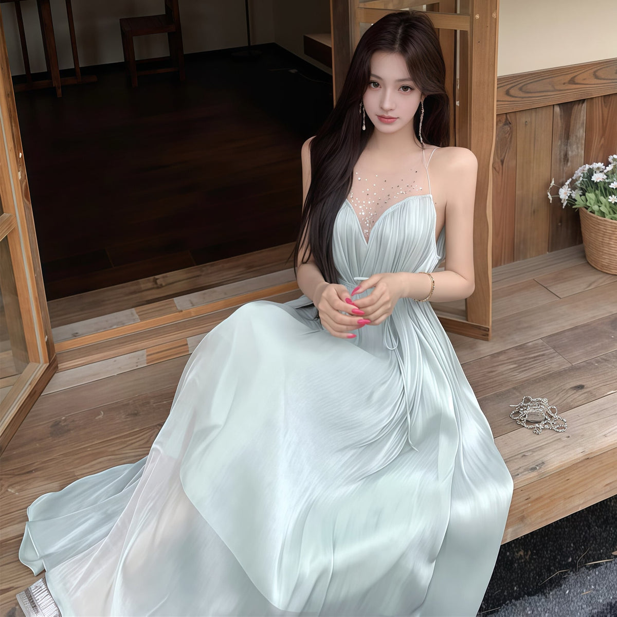 【dress】ラインストーン付きチュールドッキングロングワンピース Q8377