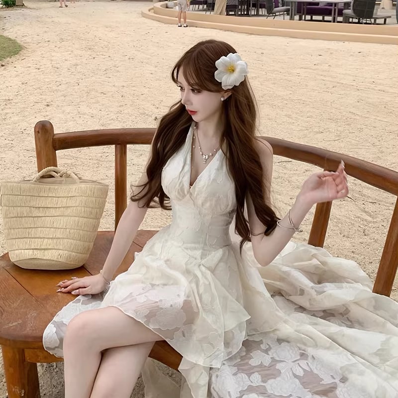 【dress】ホルターネックレースイレヘムワンピース Q8412