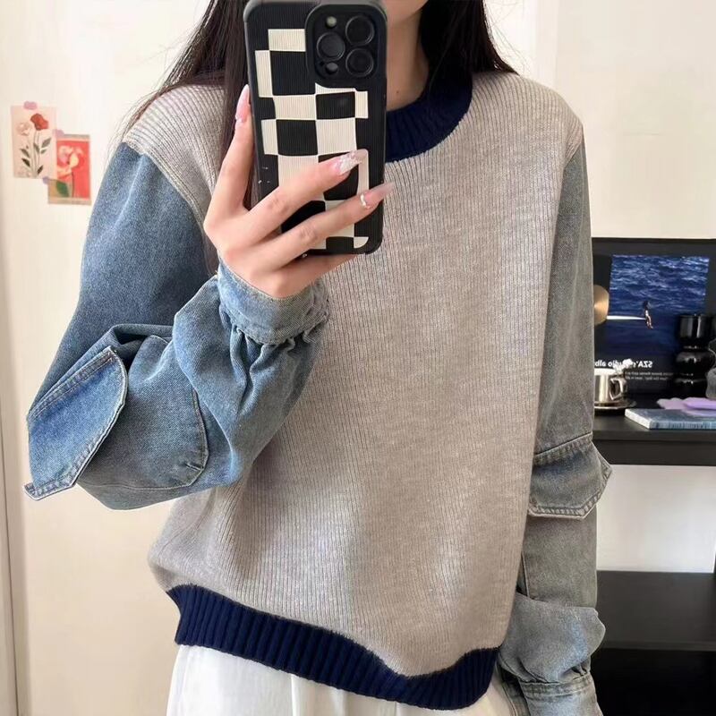 【tops】デニム袖ドッキングセーター Q6372