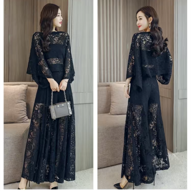 【set】ラウンドネックレース透かし彫りトップス（インナー付き)+カジュアルパンツ2点セット F1922