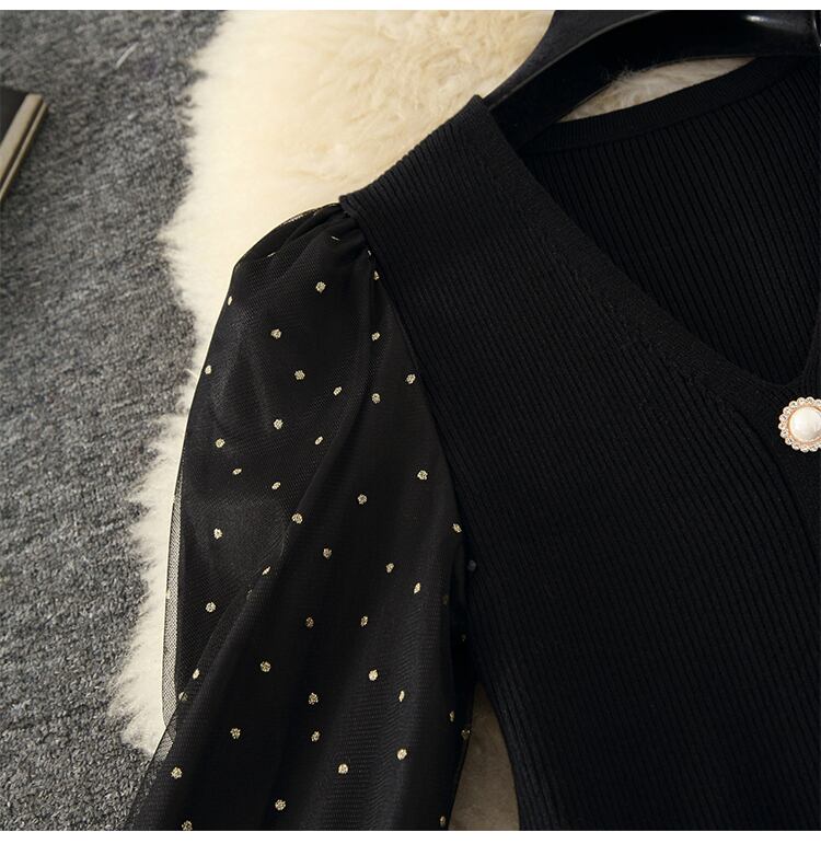 【dress】上品な質感!気質満点レトロシンプルフランス風秋冬偽二つ切り替えワンピース G3178