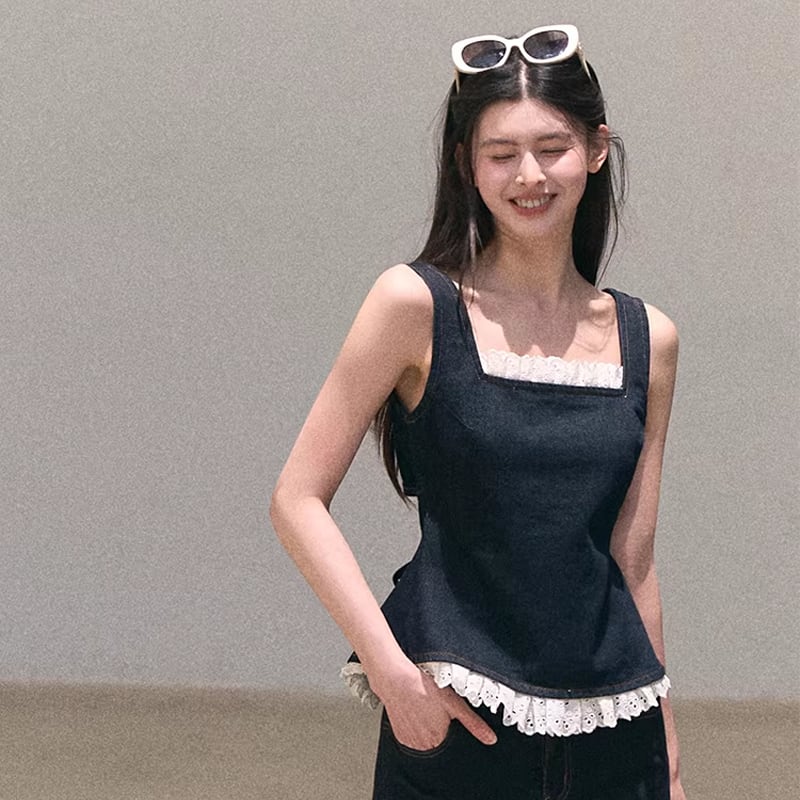 【tops】バックオーポンレースドッキングデニムキャミソール Q8472