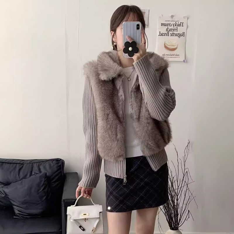 【outer】ファー付きフェイクレイヤードニットカーディガン Q7568