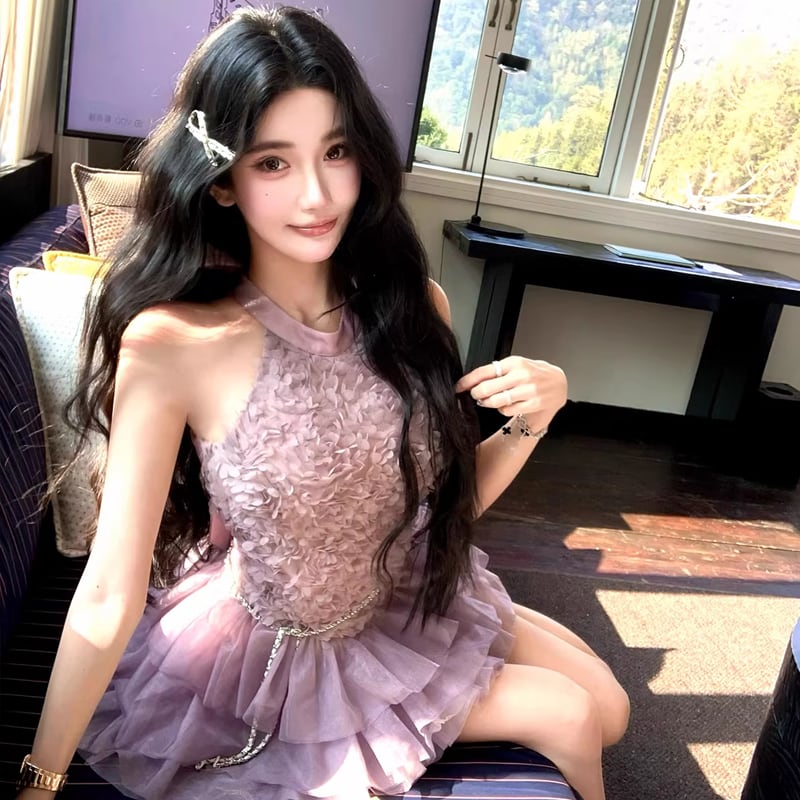 【dress】ノースリーブ立体感バラティアードワンピース Q8474