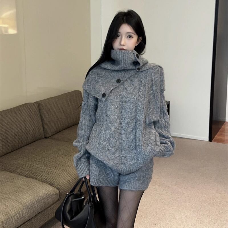 【set】ケープ×ニットトップス×ショートパンツ3点セット Q7441