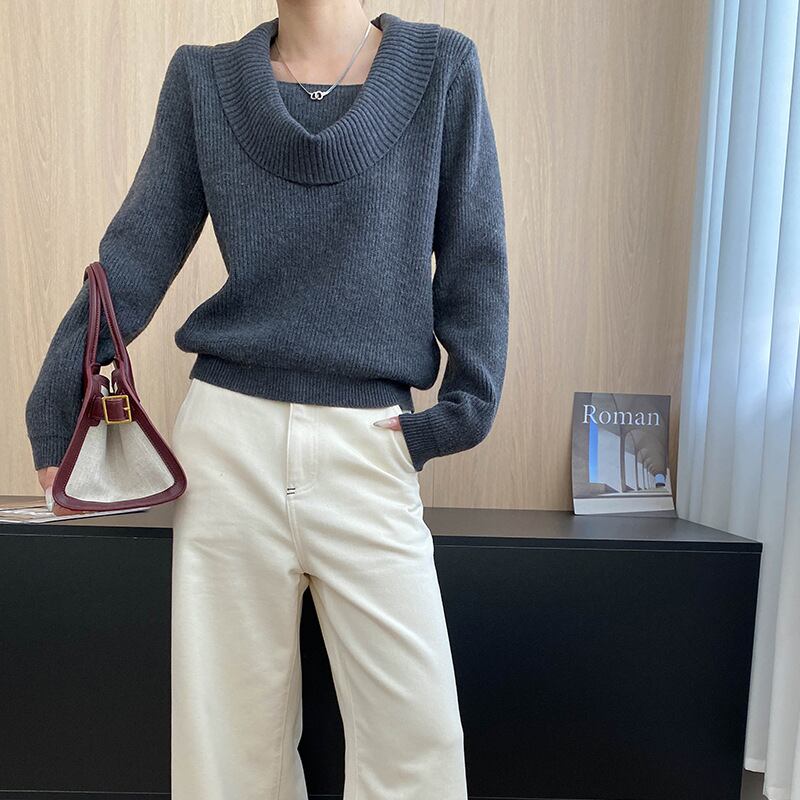 【tops】5色展開ドレープドネックニットトップス Q7379