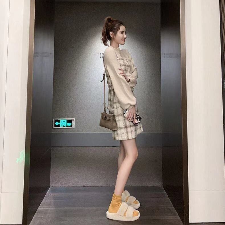 【dress】チェック柄ドッキングワンピース　M18472