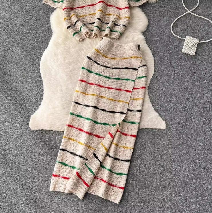 【set】ボーダー柄Ｔシャツ+スカート2点セットF7522