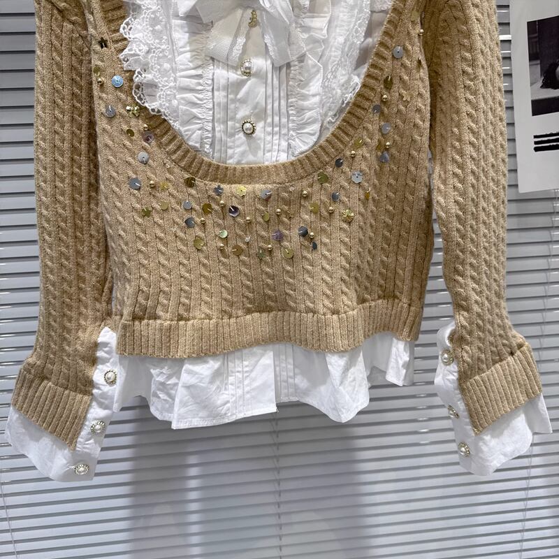 【tops】スパンコール付きフェイクレイヤードニットトップス Q7997