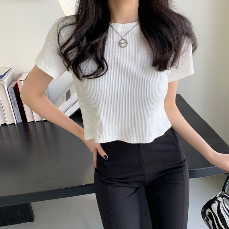 【tops】女性力を高める〜ラウンドネック半袖無地ファッション着回しTシャツF0149