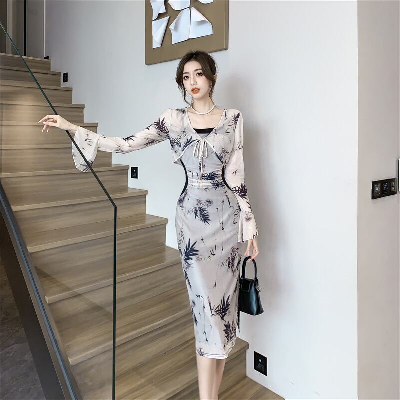 【set】フレアスリーブカーディガン×キャミワンピースセット Q8087