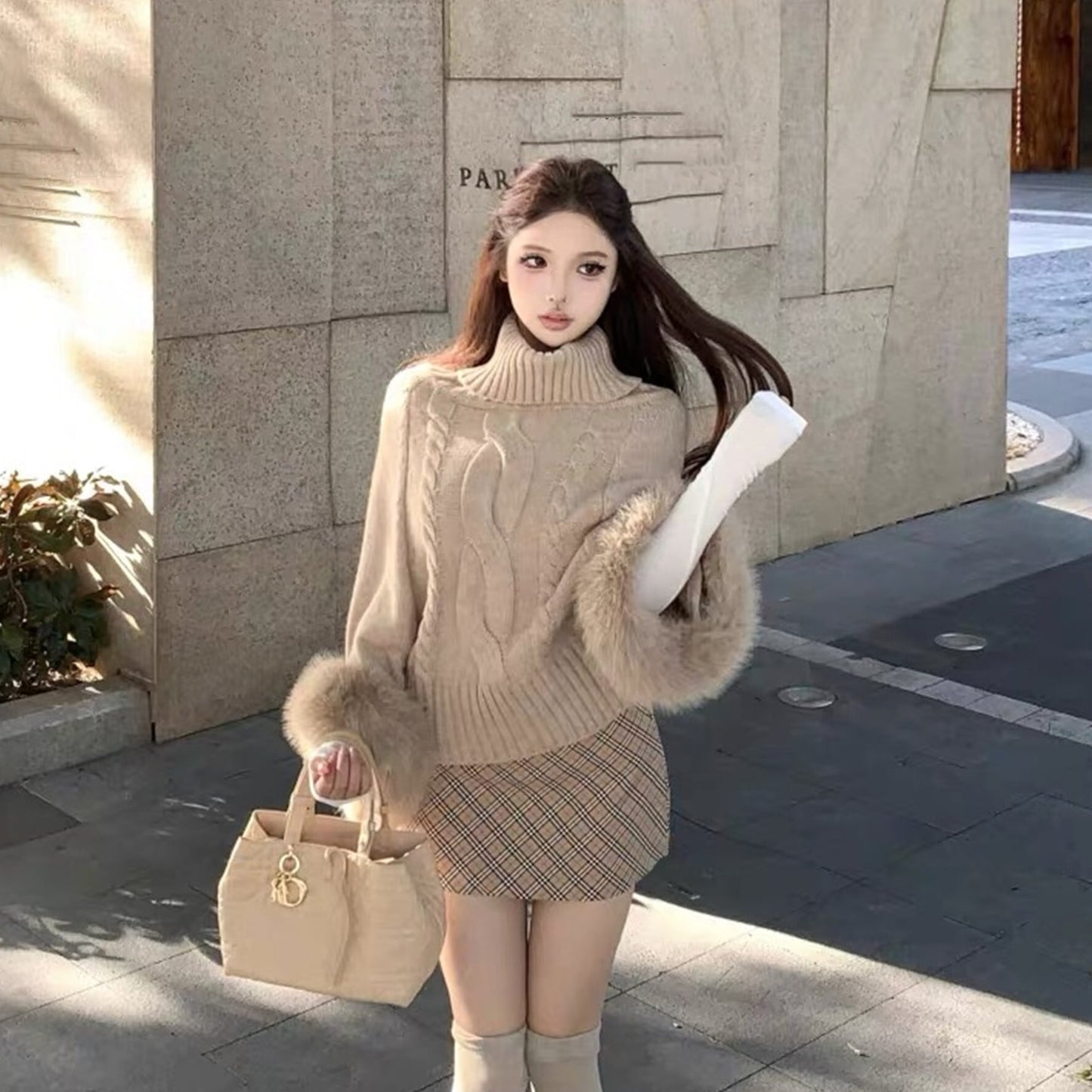 【tops】2WAY袖ファーオフショルニットトップス　N3378