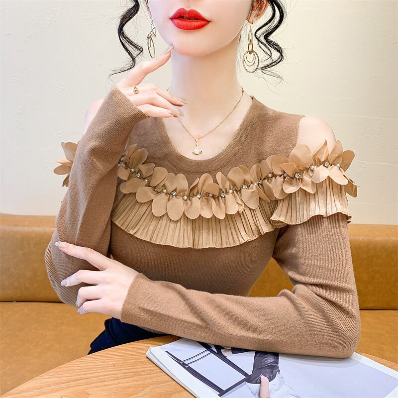【tops】フリルオフショルダーニットトップス　M27519