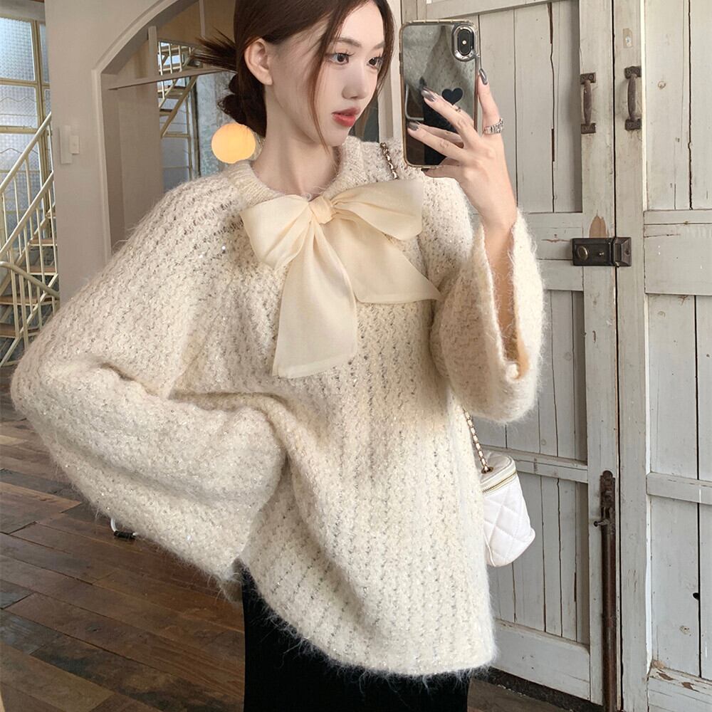 【tops】リボン付きニットセーター　M27460