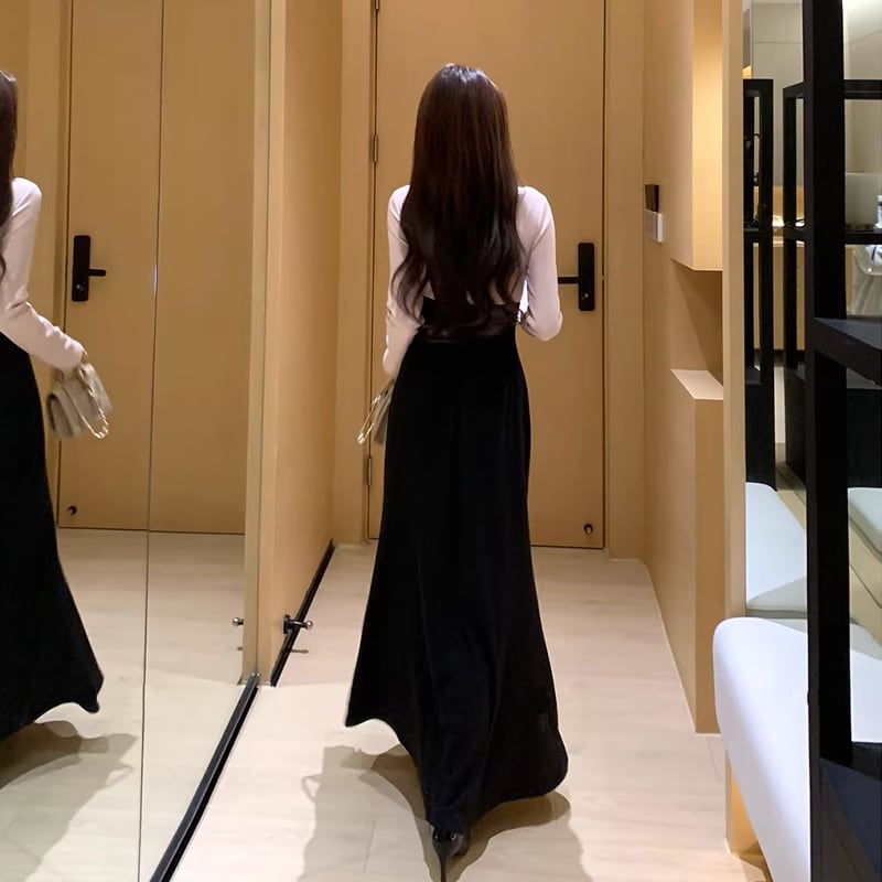 【dress】レースドッキングロングニットワンピース Q7853