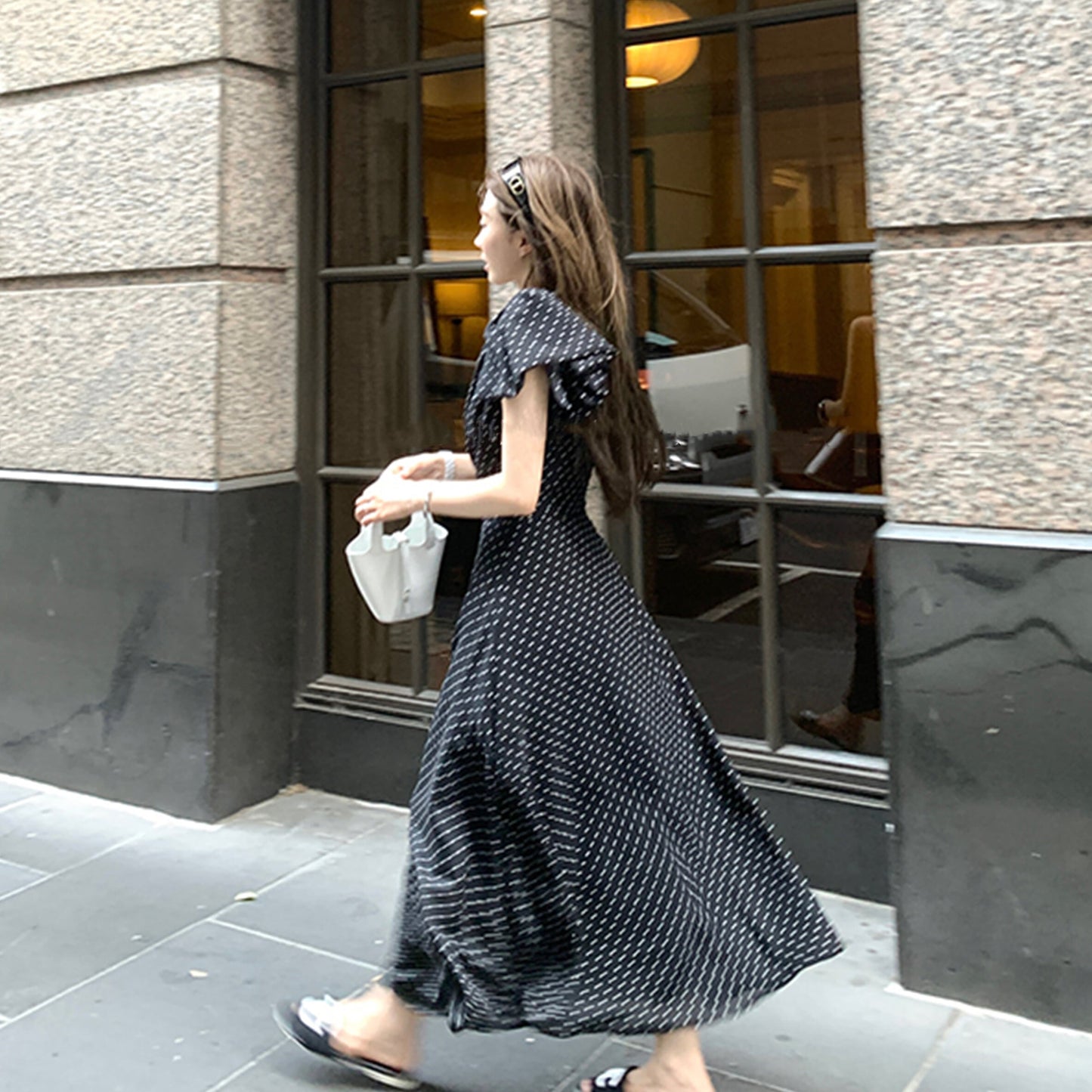 【dress】ワンショルダーリボンドット柄ワンピース　N3045