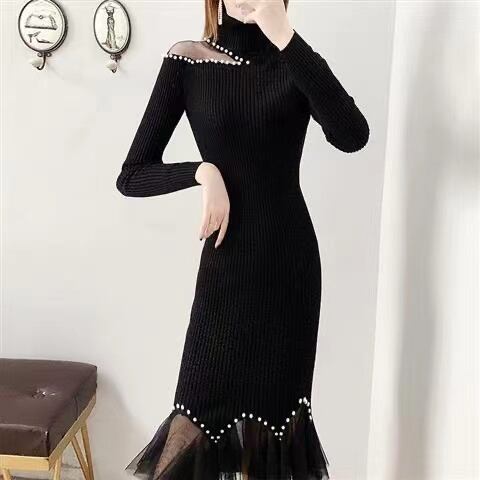 【dress】細身効果抜群♪レース切り替え体型カバーファッション無地人気ニットマーメイドワンピースF1436