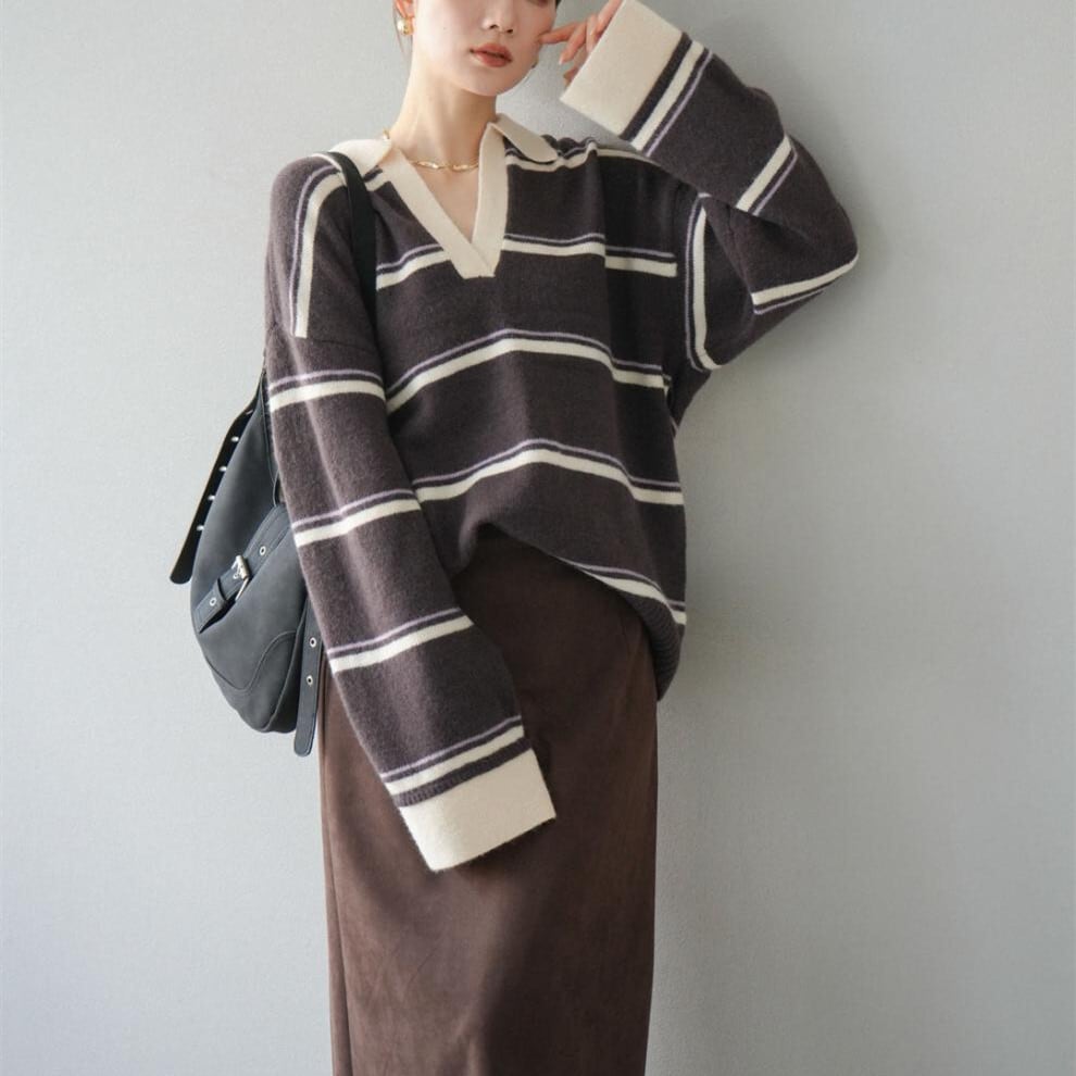 【tops】Ⅴネックボーダー柄ニットトップス N3430