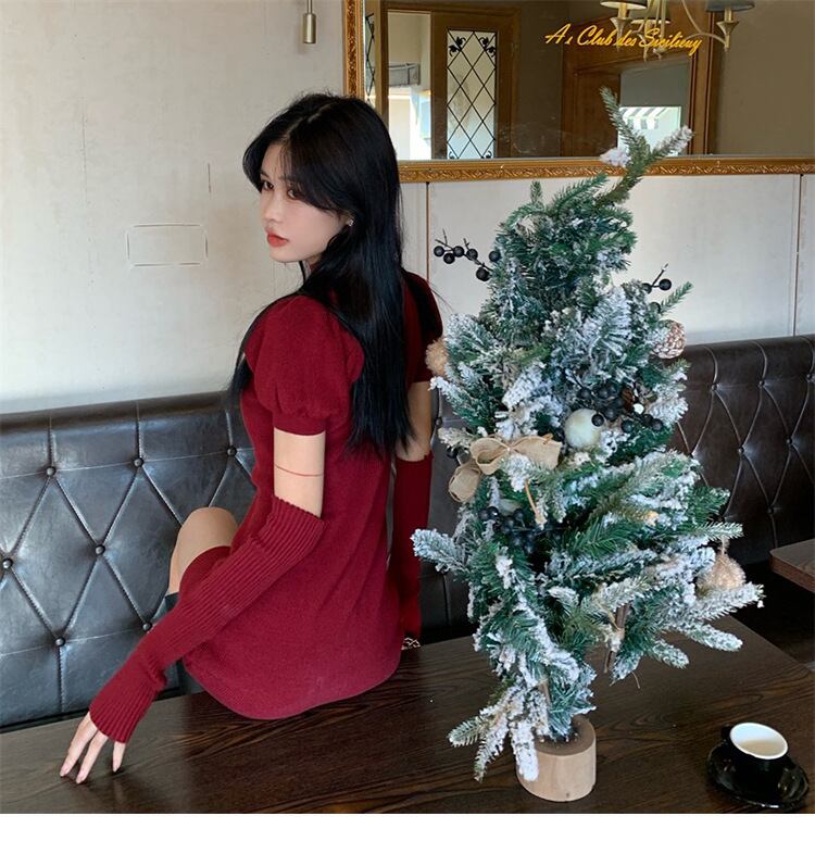 【dress】美人度アップ!気質満点アームカバー付きタイトセクシーギャルニットワンピース G10003