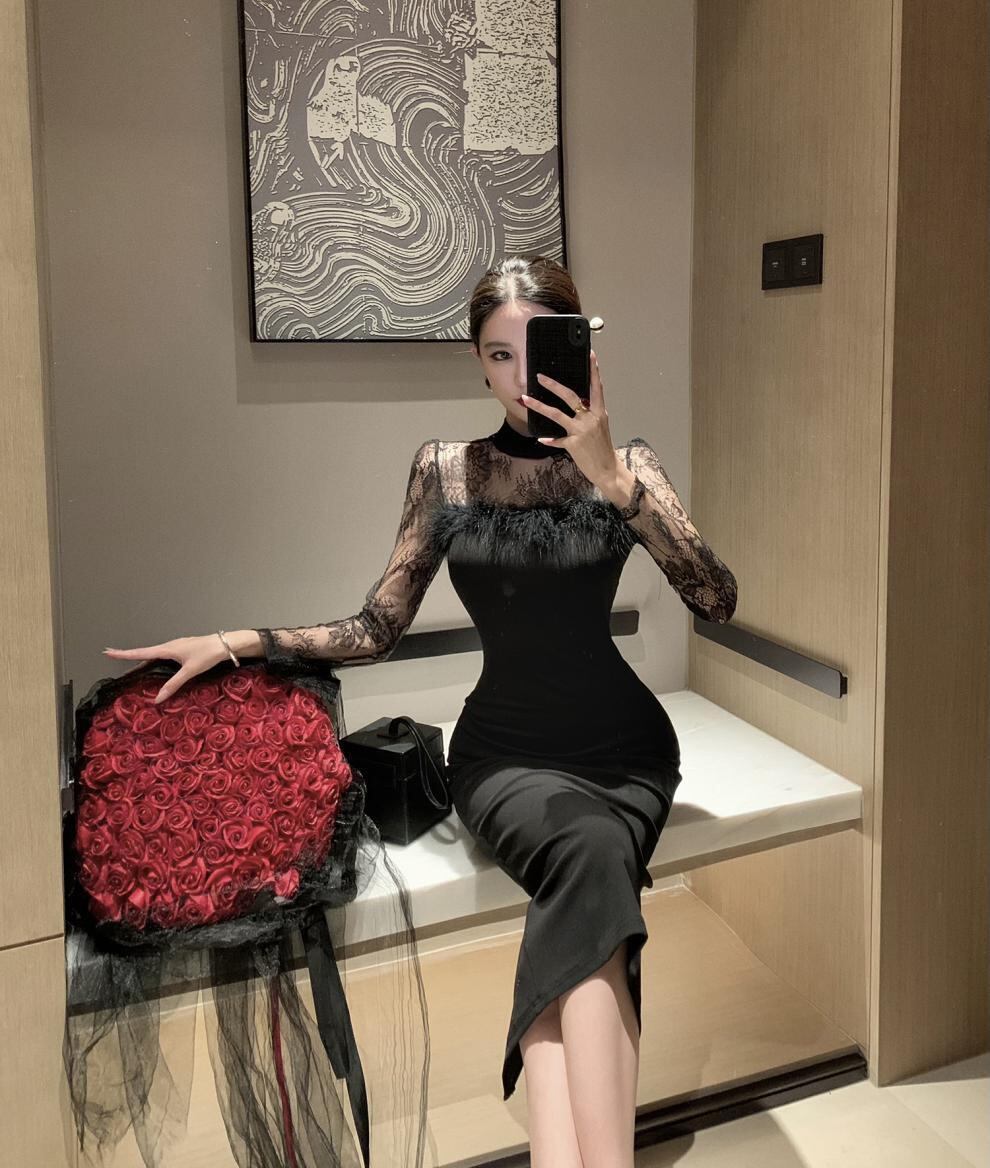 【dress】透け感フェイクファーデートワンピース　N2397