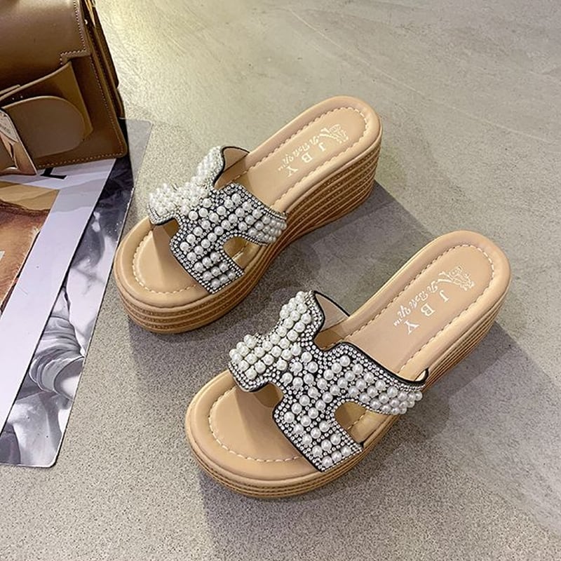 【Shoes】パール付き厚底サンダル Q8432