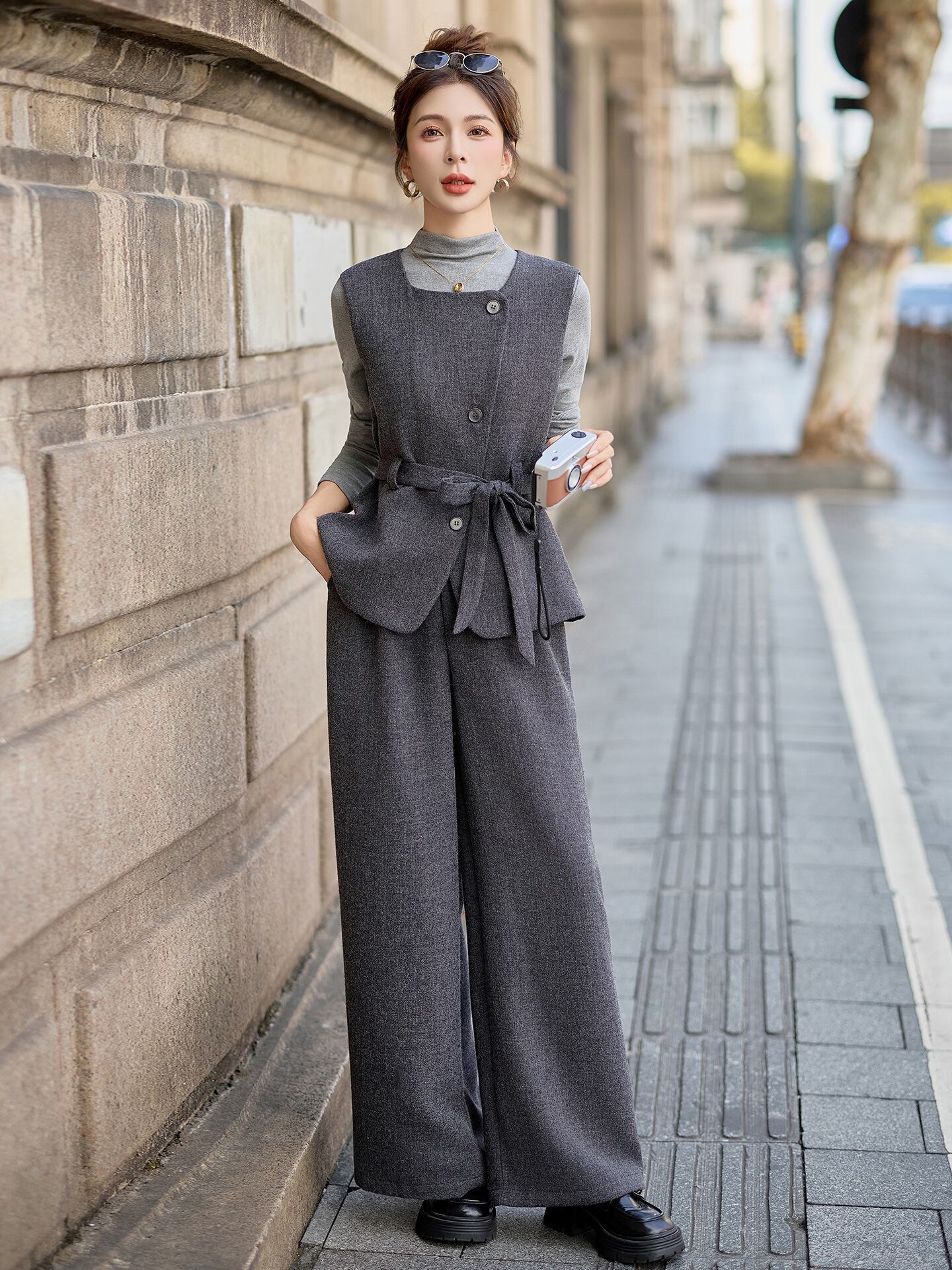 【set】ベスト×ハイネックトップス×ワイドパンツ3点セット Q6976