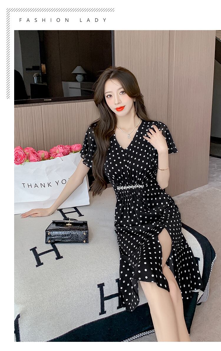 【dress】フランス風体型カバードット柄スリットワンピース G15210