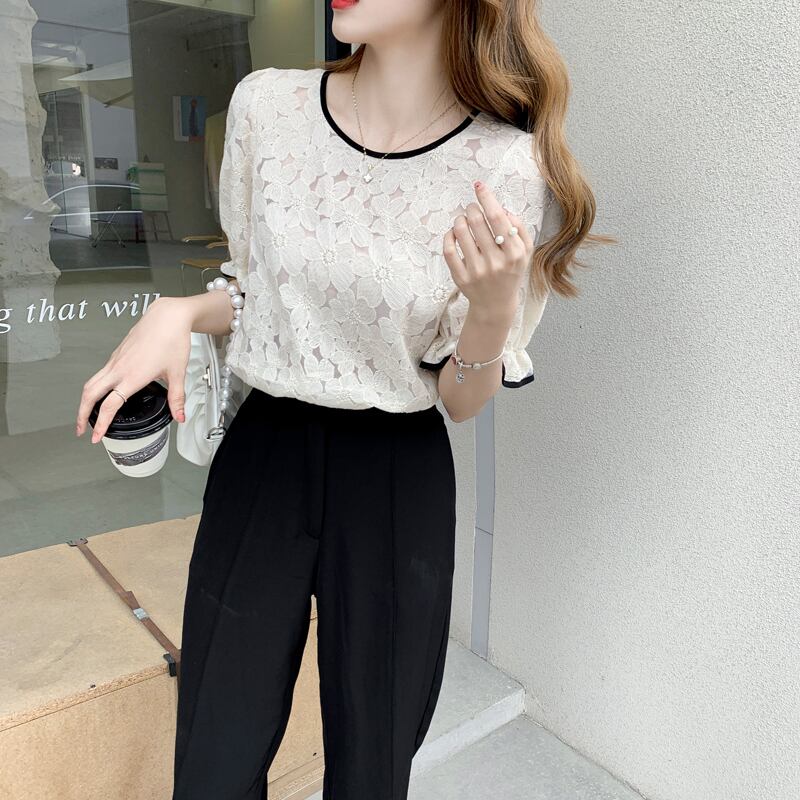 【tops】美人度アップラウンドネック半袖レース配色着回しファッションブラウス