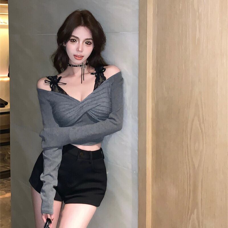 【tops】Vネックレース切り替えトップス　M27645