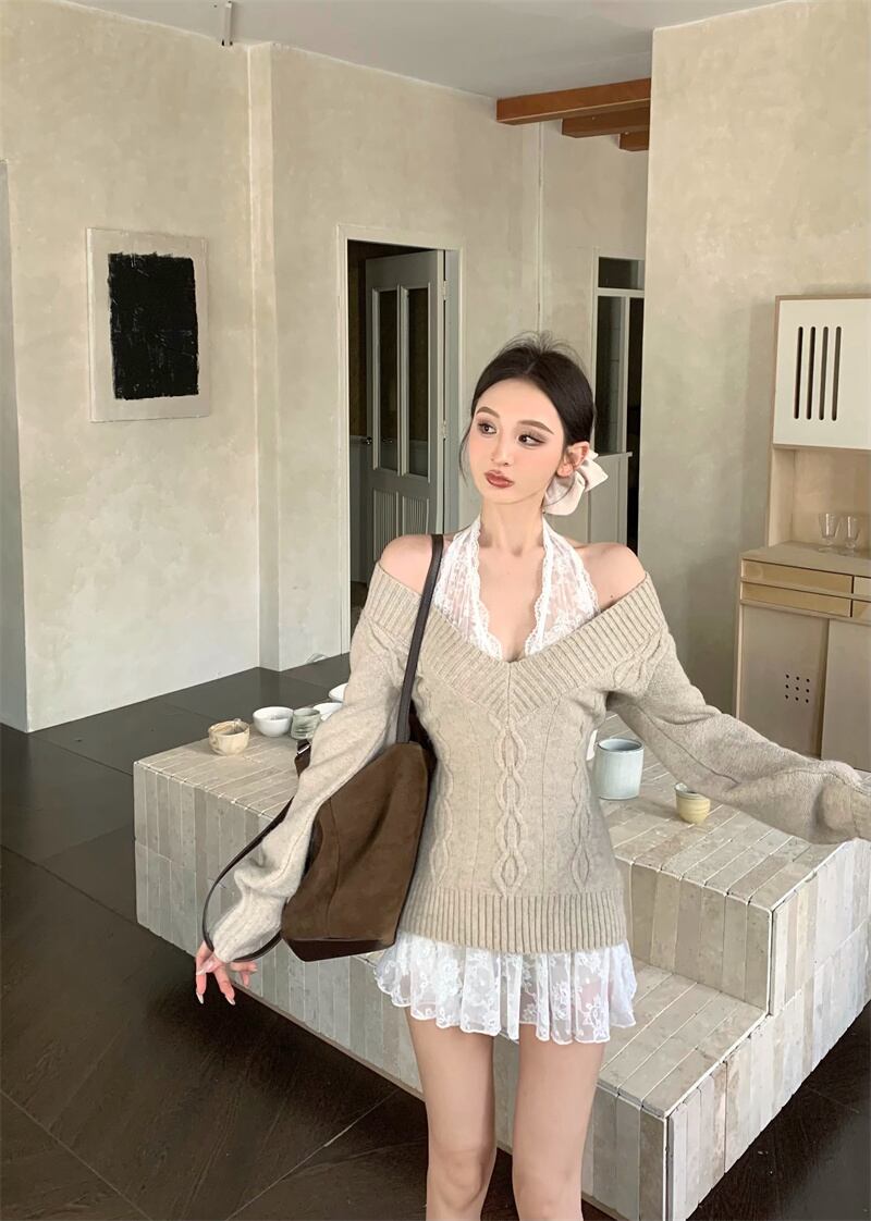 【set】ニットセーター×レースキャミワンピースセット　M27854