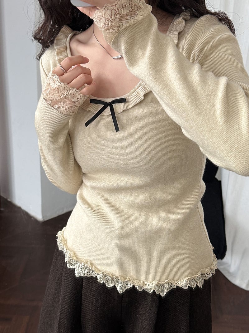 【tops】レースドッキングフレアニットトップス Q7312