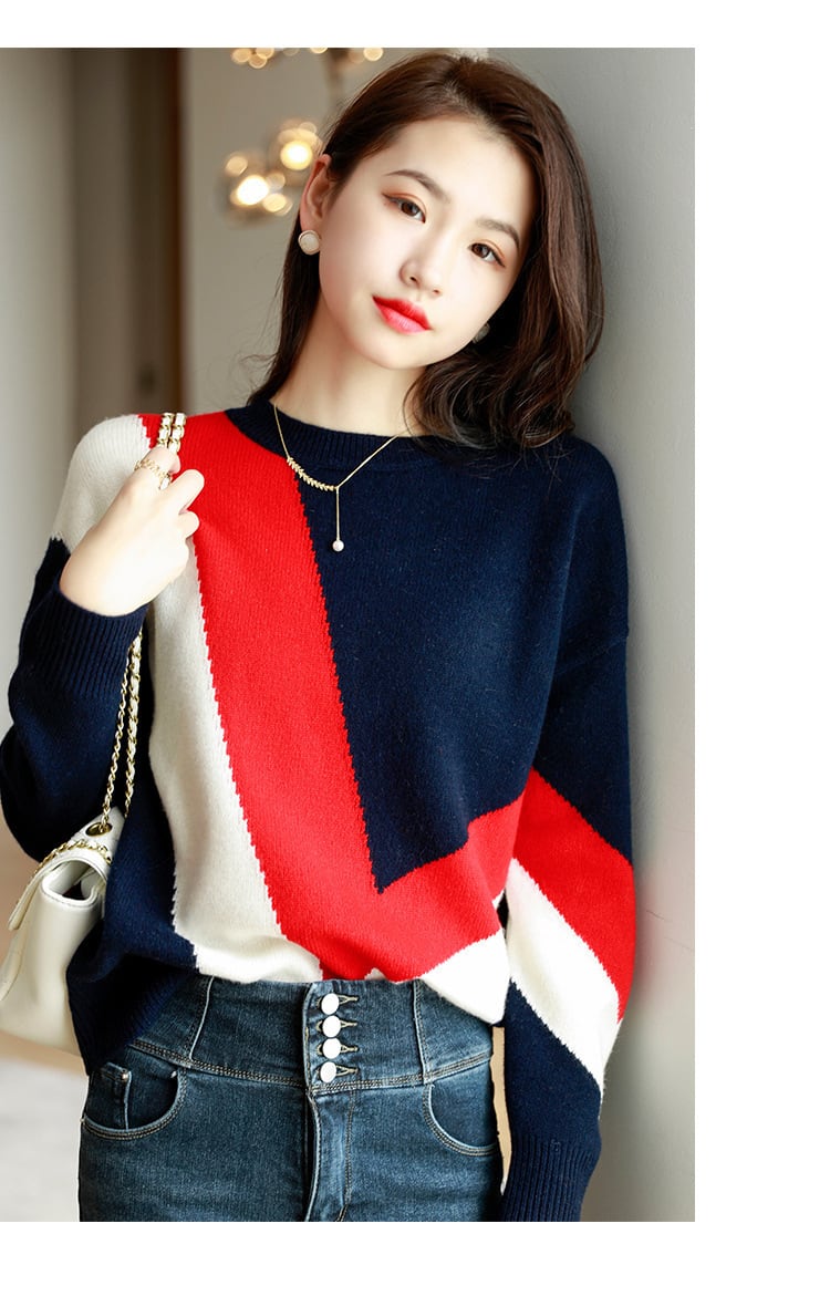 【tops】配色ニットセーター　M25417