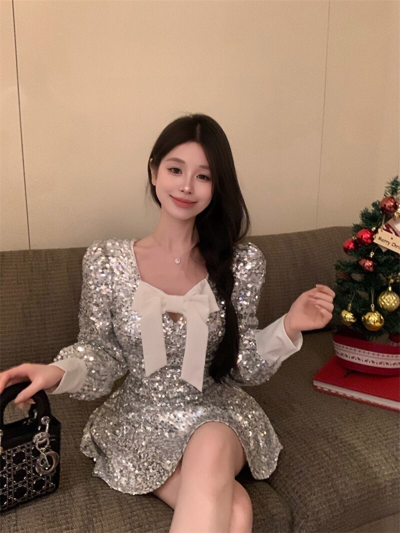 【dress】スパンコールリボン付きワンピース　M28003