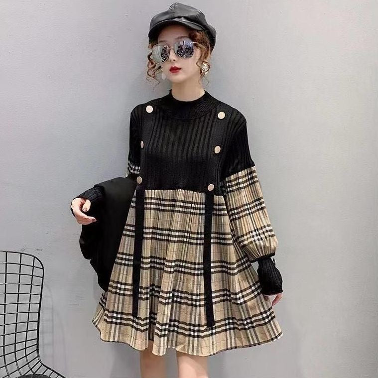 【dress】長袖切り替えチェック柄ワンピースF8136