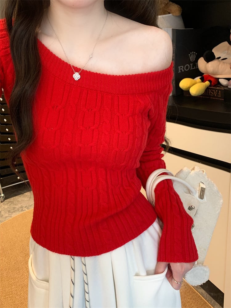 【tops】オフショルダーニットトップス　M28411