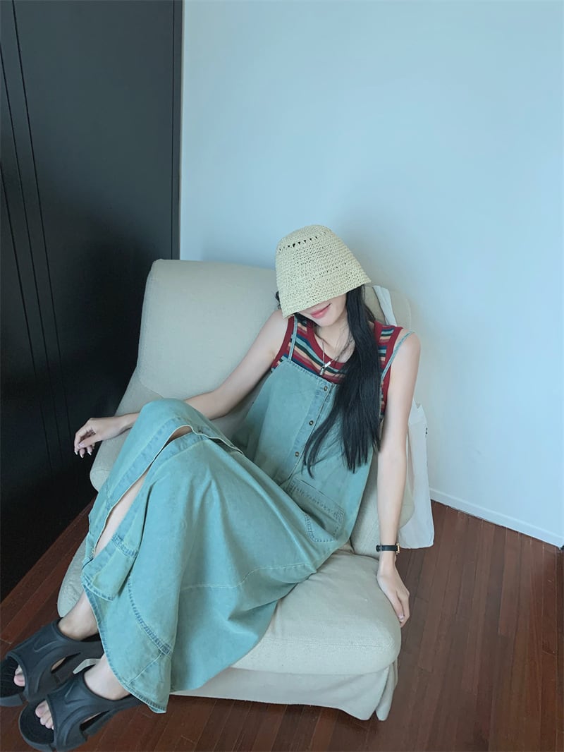 【set】ノースリーブTシャツ×デニムキャミワンピースセット　M24275
