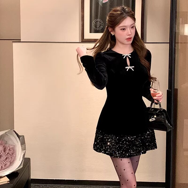 【dress】スパンコール付きミニワンピース Q7889